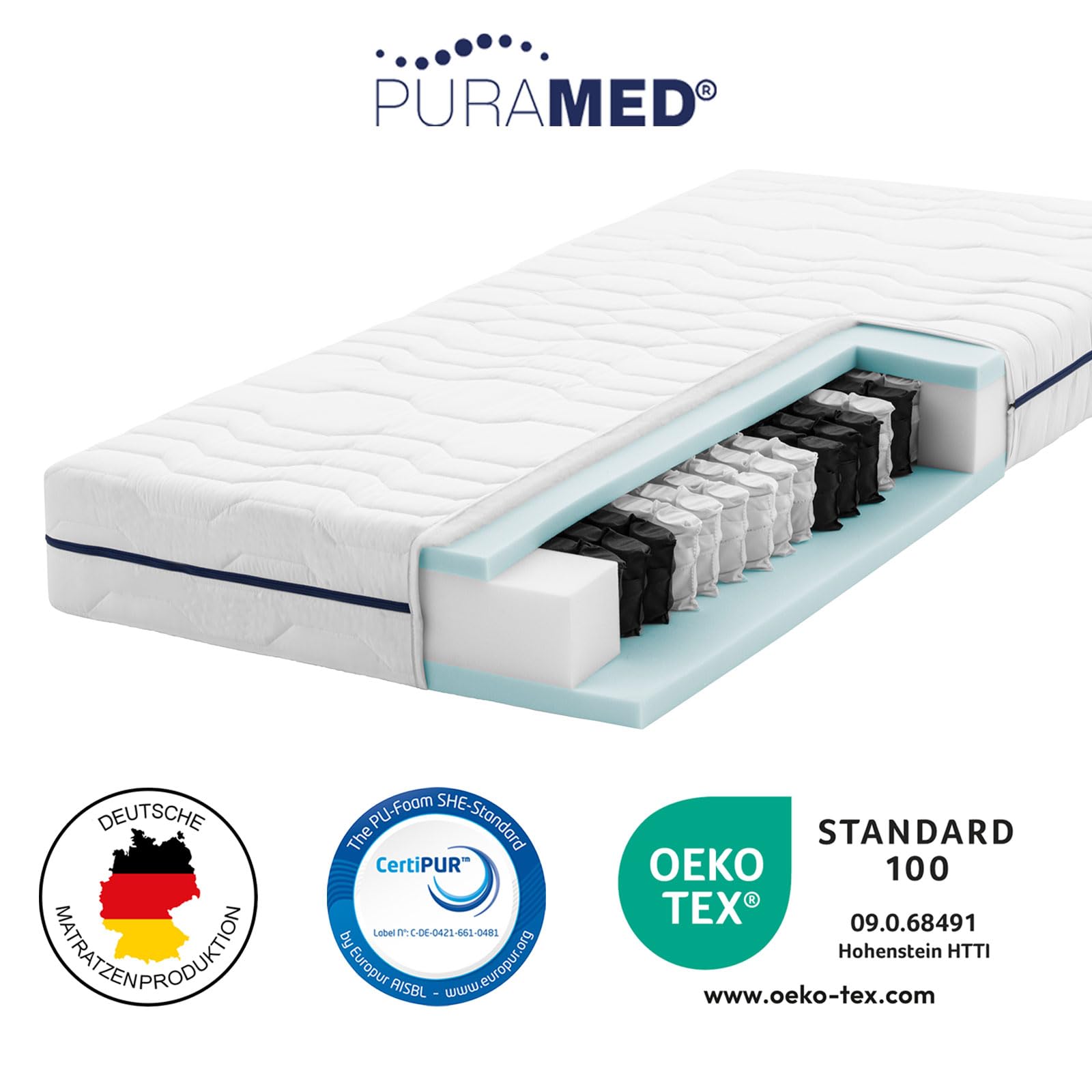 PURAMED Taschenfederkernmatratze 90x200 cm | Härtegrad H3 | Höhe 20 cm | ergonomische 7-Zonen Matratze | waschbarer Mikrofaser-Bezug | Oeko-TEX® & CertiPUR Zertifiziert | produziert in Deutschland