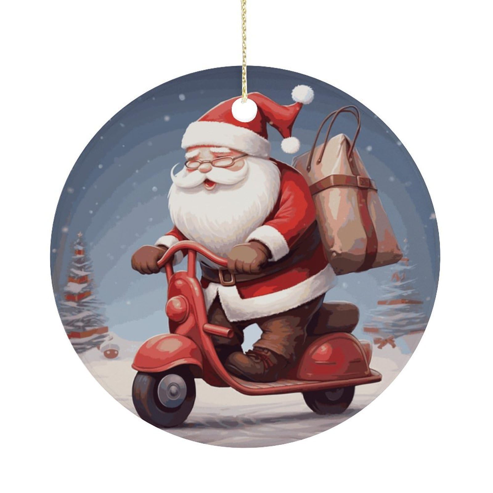 Santa Claus on Scooter Christmas Ornament,Round Ceramic Ornaments Personalized Christmas Tree Ornament for Holiday Porcelain Keepsake Gifts Ideas Home Decor