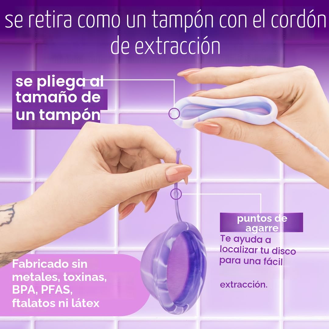 Bodyotics Comfydisc: 2 discos menstruales reutilizables (S y L) con cuerda extraíble para una fácil inserción y extracción, protección a prueba de fugas de 12 horas, silicona segura para el cuerpo e