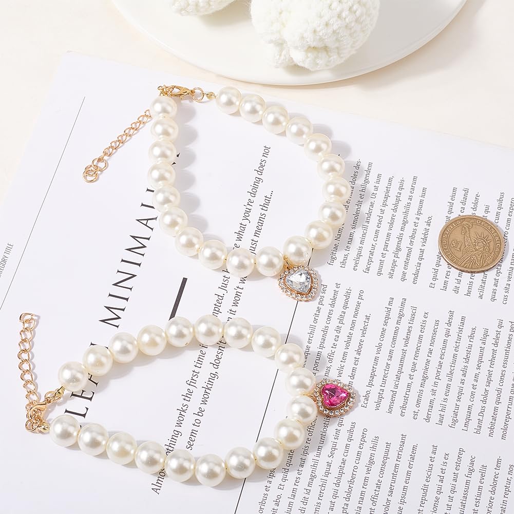 CREATCABIN 2Pcs 2 Styles Pearl Cat Collar Pet Necklace Collar Resin Imitation Pearls Beaded Adjustable Extender Necklaces with Alloy Rhinestone Heart Charm for Small Dog Jewelry Accessories 9.4 Inch - Image 3