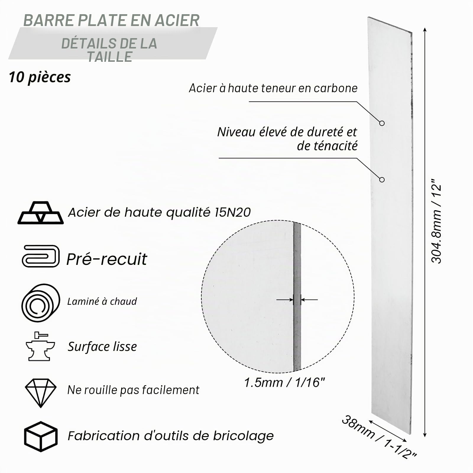 PATIKIL 10 Paquets 15N20 Acier Barre Plate en Acier 12" x 1 12" x 1/16" | pour la Fabrication de Couteaux, pour Feuille Métallique DIY Utilisation Professionnelle et pour les Passionnés