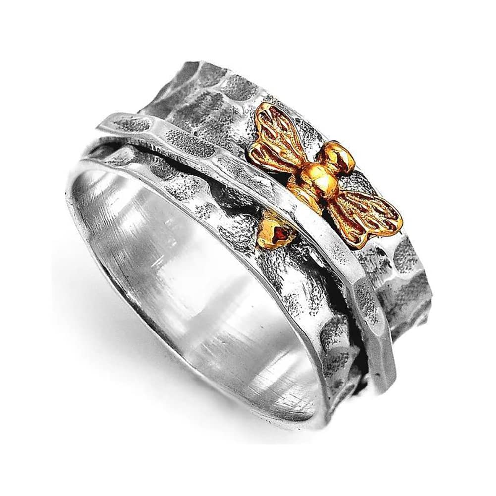MAYIYAHO Vintage Bee Spinner Fidget Rings for Women Hammered Ring Dainty Meditation Wide Band Anxiety Jewelry Gifts