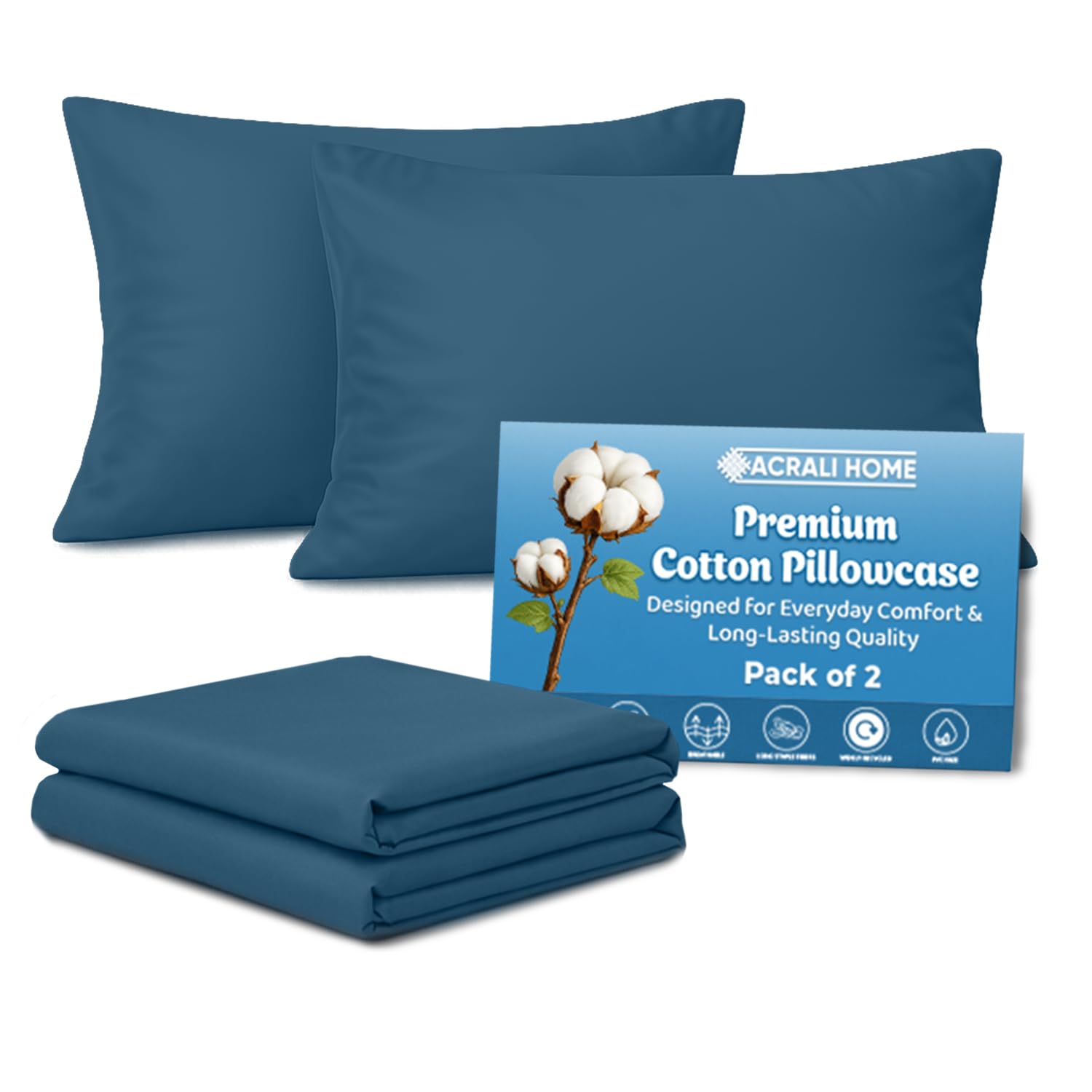 Acrali Home Denim Blue Egyptian Cotton Pillow Cases 2 Pack, Standard Size 50x75 cm - 200 Thread Count - Hotel Quality Super Soft, Breathable Pillow Covers with Envelope Closure — image 1