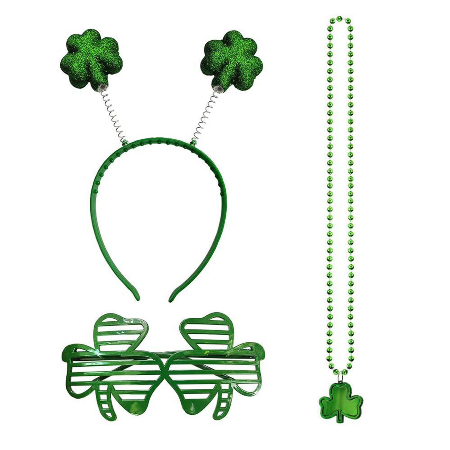 Niwieoi 3 PCS St.patricks Day Decorations,St Patricks Day Headwear,St Patricks Day Necklace,Shamrock Glasses,Shamrock Necklace,for St.Patrick's Day Party Accessoriess