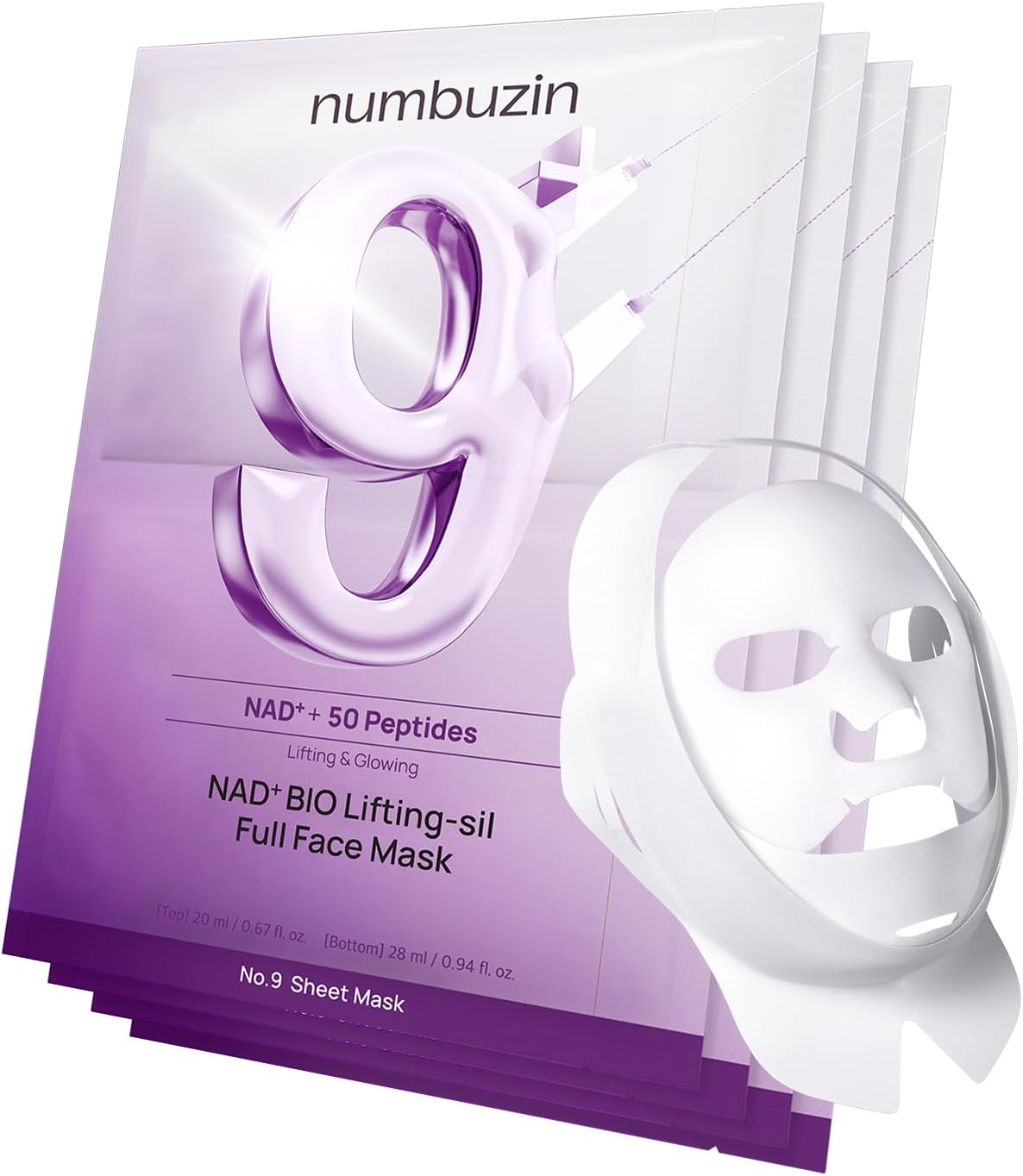 No.9 Sheet Mask | NAD+ BIO Full Face Mask | Improves Jawline, Jowls, Wrinkles, Neck Lines | Peptides, NAD+, Collagen | Skin Firmness | 4 Sheets + Band