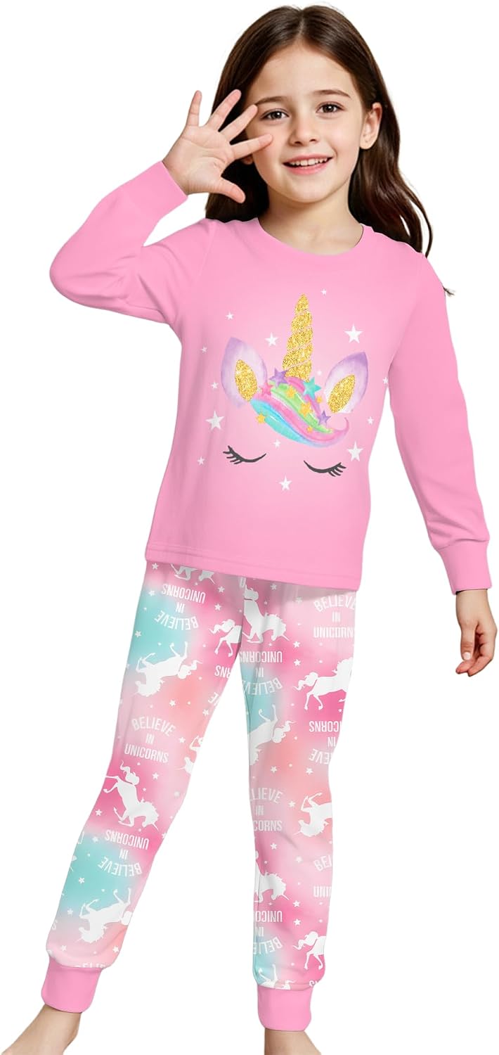 LQSZ Girls Pajamas Set Summer Girl Toddler PJs Short Sleeves Sleepwear for Little Kids with Pocket 5-12 Years