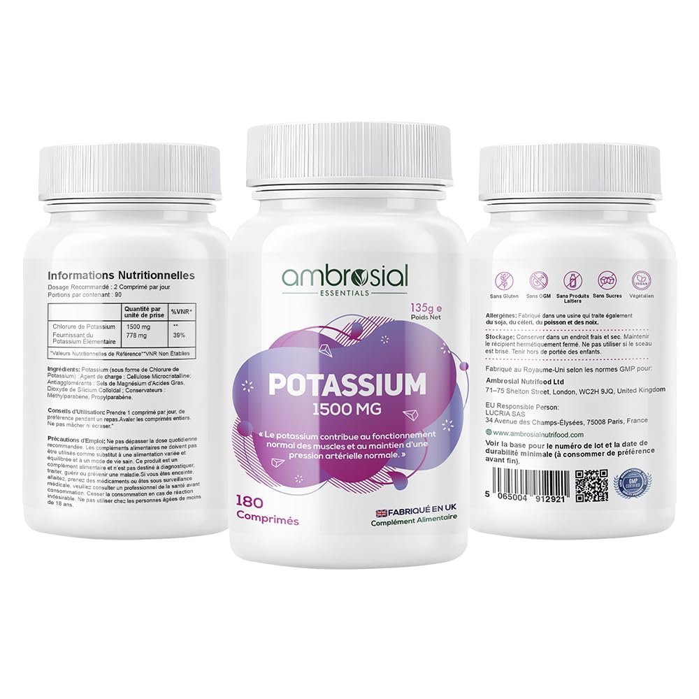 Ambrosial Chlorure de Potassium 1500 mg – Complément de Potassium Haute Teneur – 778 mg de Potassium Élémentaire – Fabriqué au Royaume-Uni, Certifié GMP – 180 Comprimés