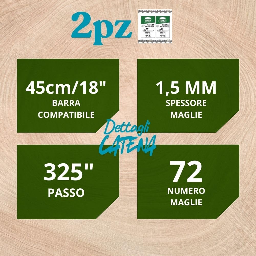 Set 2 Catene Motosega 72 Maglie - passo 325” spessore 1.5mm – per Barra 45cm/18" – Basso Contraccolpo, Alta Durata – Qualità Tedesca Terra Ricambi – Per Uso Agricolo, Forestale e Fai da te.