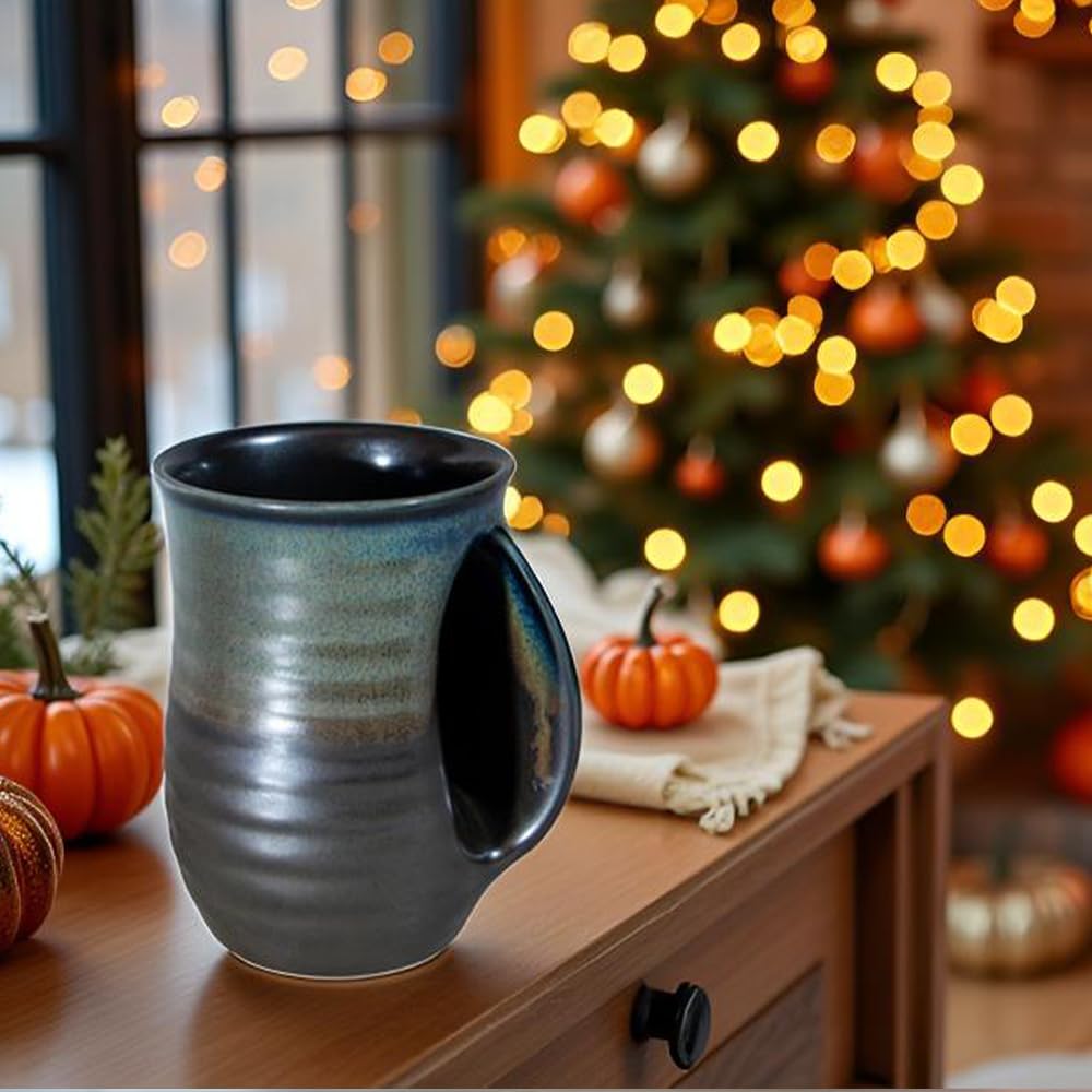 Handwärmer-Tasse, 473 ml, große Handwärmbecher, Keramik, Geschenk für Kaffee, Tee, handgefertigte Keramik, mit Taschengriff, für Rechtshänder, Braun