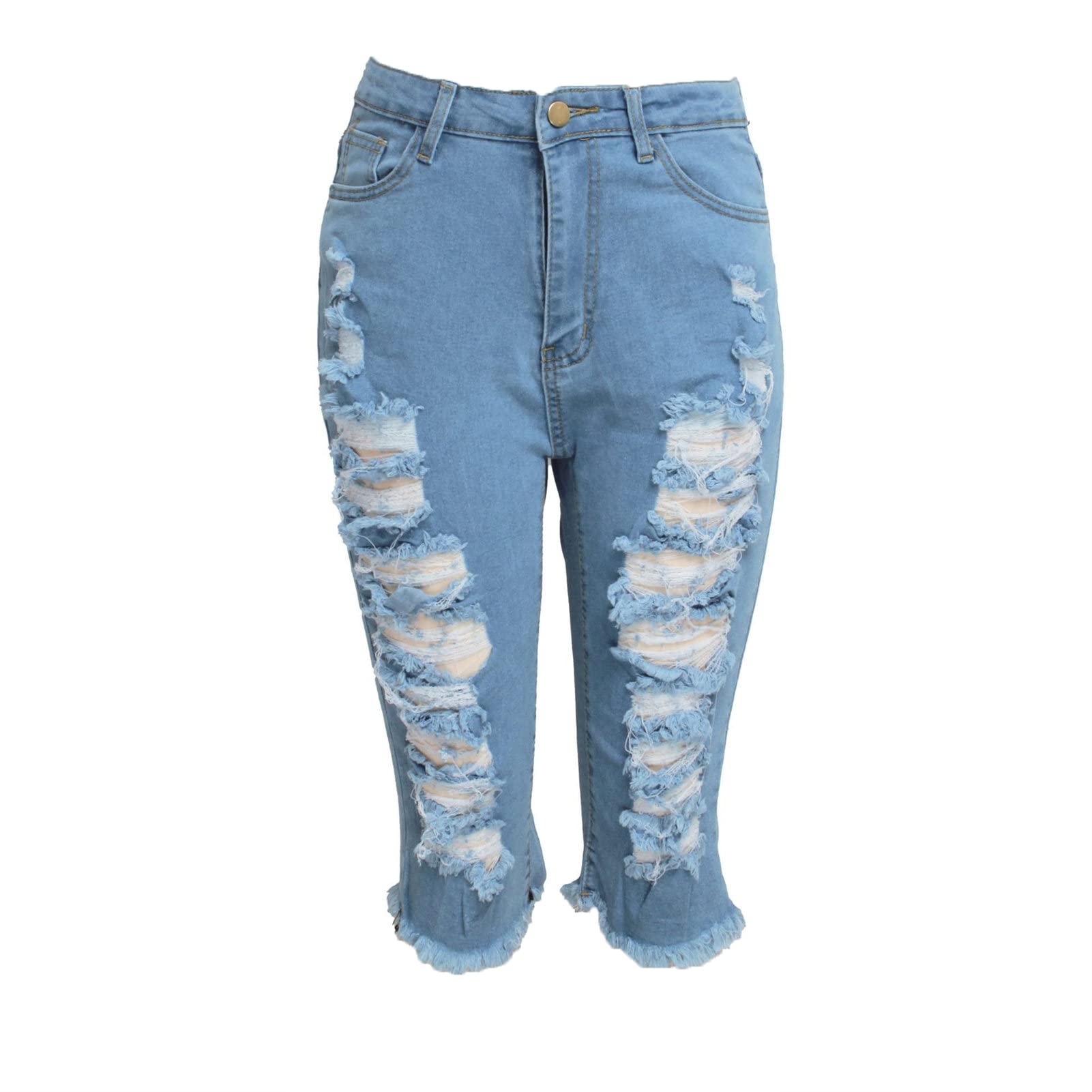 JEKE-DG Women Jean Shorts Distressed Folded Denim Skinny Ripped Shorts for Summer High Waist Casual Stretchy Hem Pants (XX-Large,Light Blue)