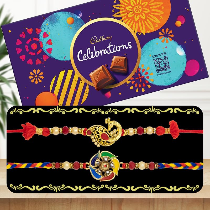 Image of Canton Rakhi Combo Gift Hamper Pack of 2 Rakhi For Brother With Chocolate, Rakhi With Cadbury, Greeting Card & Roli Tilak (Design-11, 2 Rakhi With Celebration)