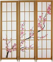 Biombo Divisoria MDF Oriental Japonês Divisor Ambiente Cerejeira Reto (3 Folhas)