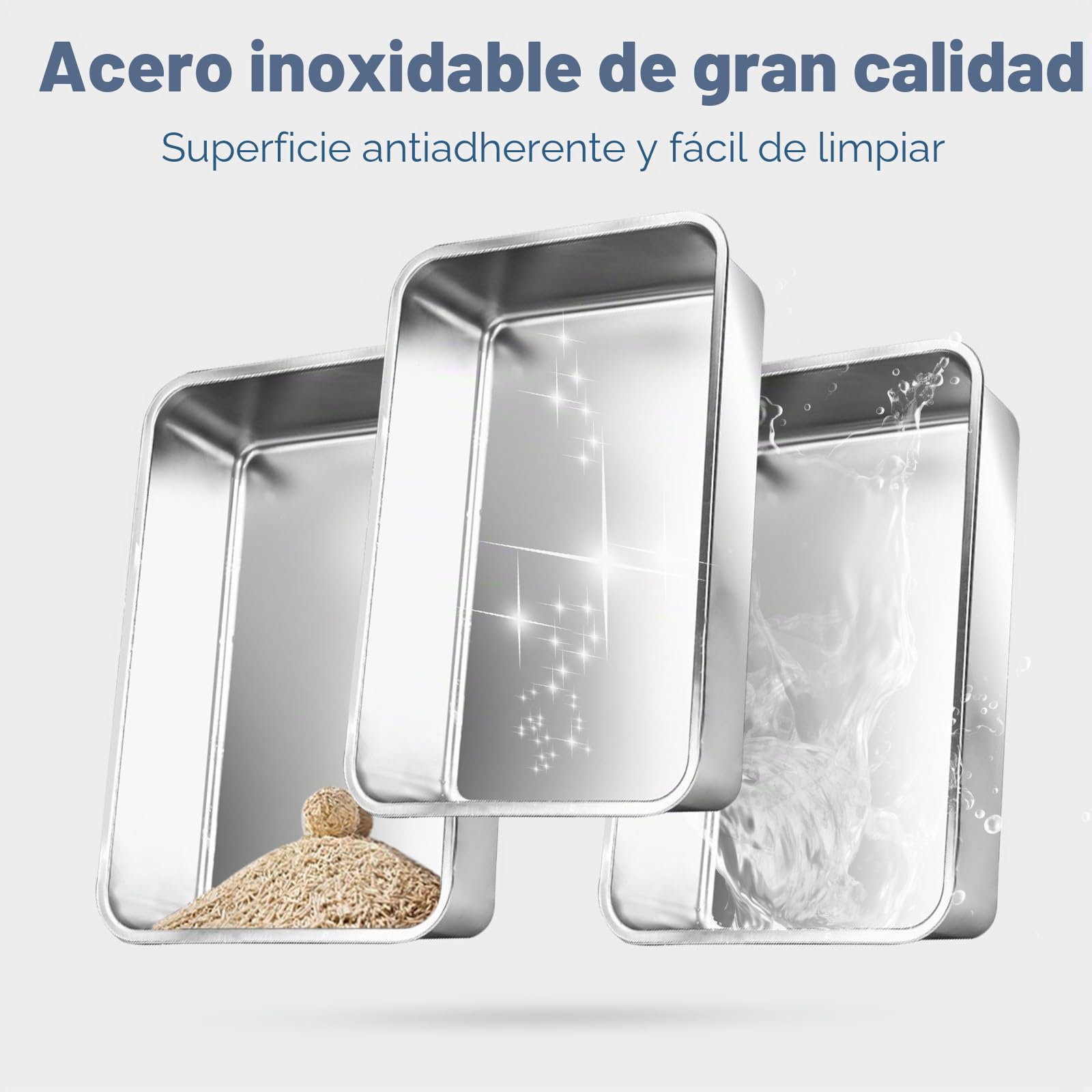 Arenero para Gatos de Acero Inoxidable Paquete de 3, 50 x 35 x 15 cm, con Bordes Altos de Metal, Extra Grande, Antiadherente, sin Olor