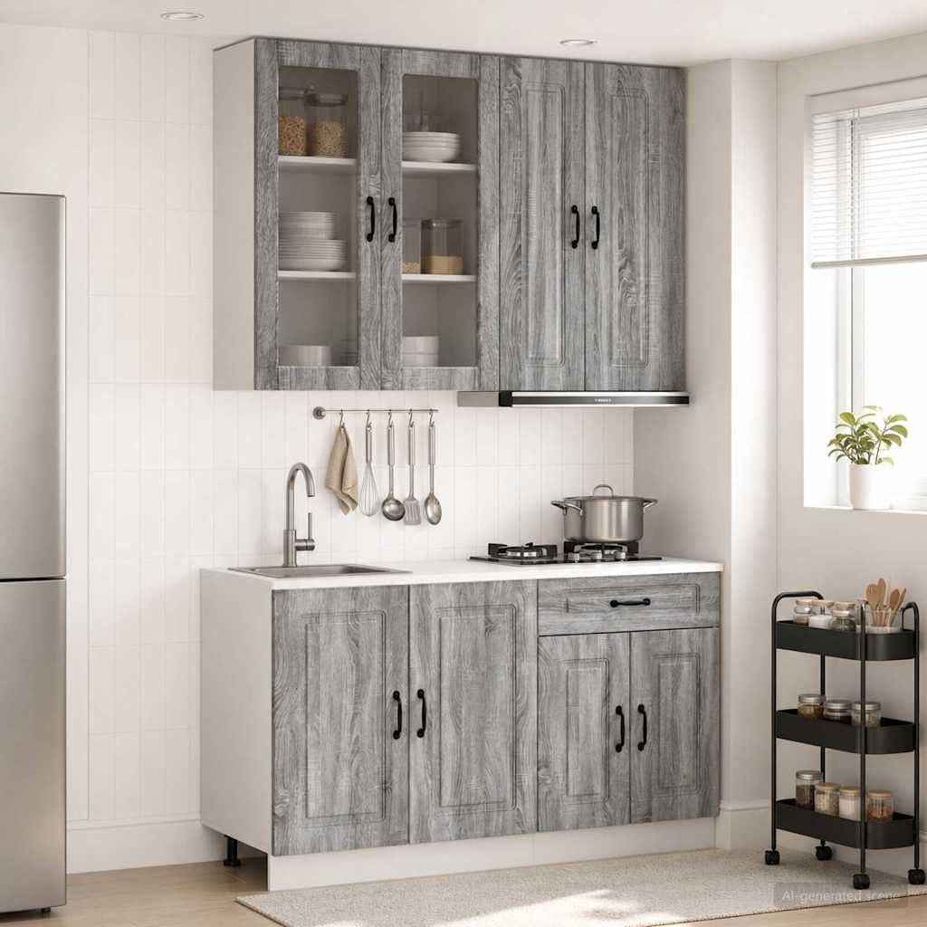 4-teilige Küchenzeile Küchenblock Grau Sonoma Holzwerkstoff | Modernes Küchenschrank Set für die Küche oder Ferienwohnung mit viel Stauraum und flexibel verstellbaren Füßen.