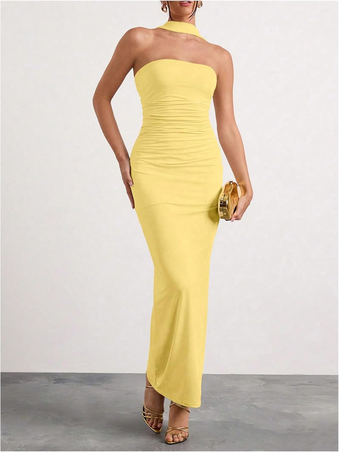 Milumia Women's Halter Neck Ruched Strapless Sleeveless Tube Bodycon Maxi Dresses - Image 5