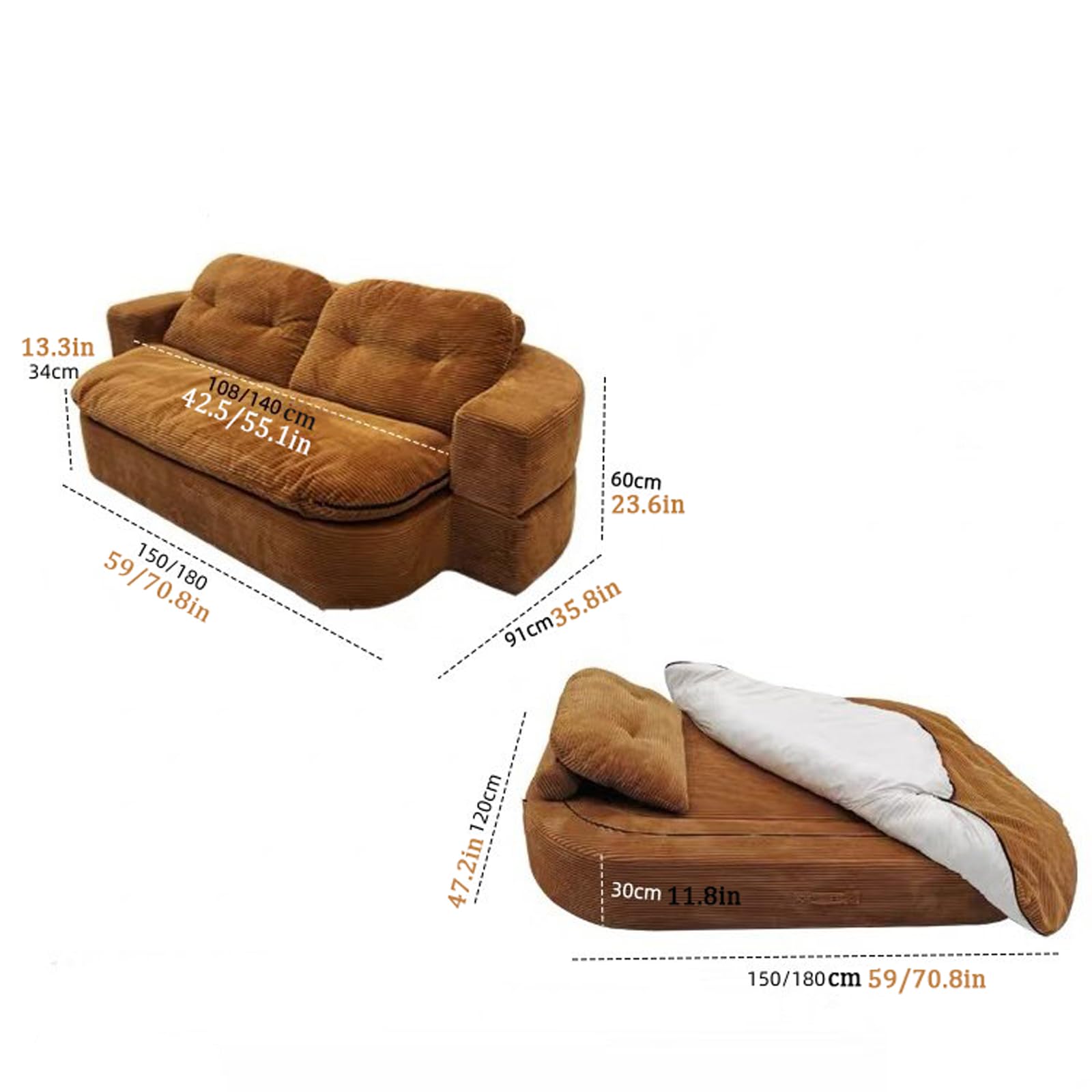 Umwandelbares Schlafsofa, modularer, faltbarer Boden, Loveseat Sleeper Couch, abnehmbar und waschbar, für Wohnzimmer, Gästezimmer, Studio