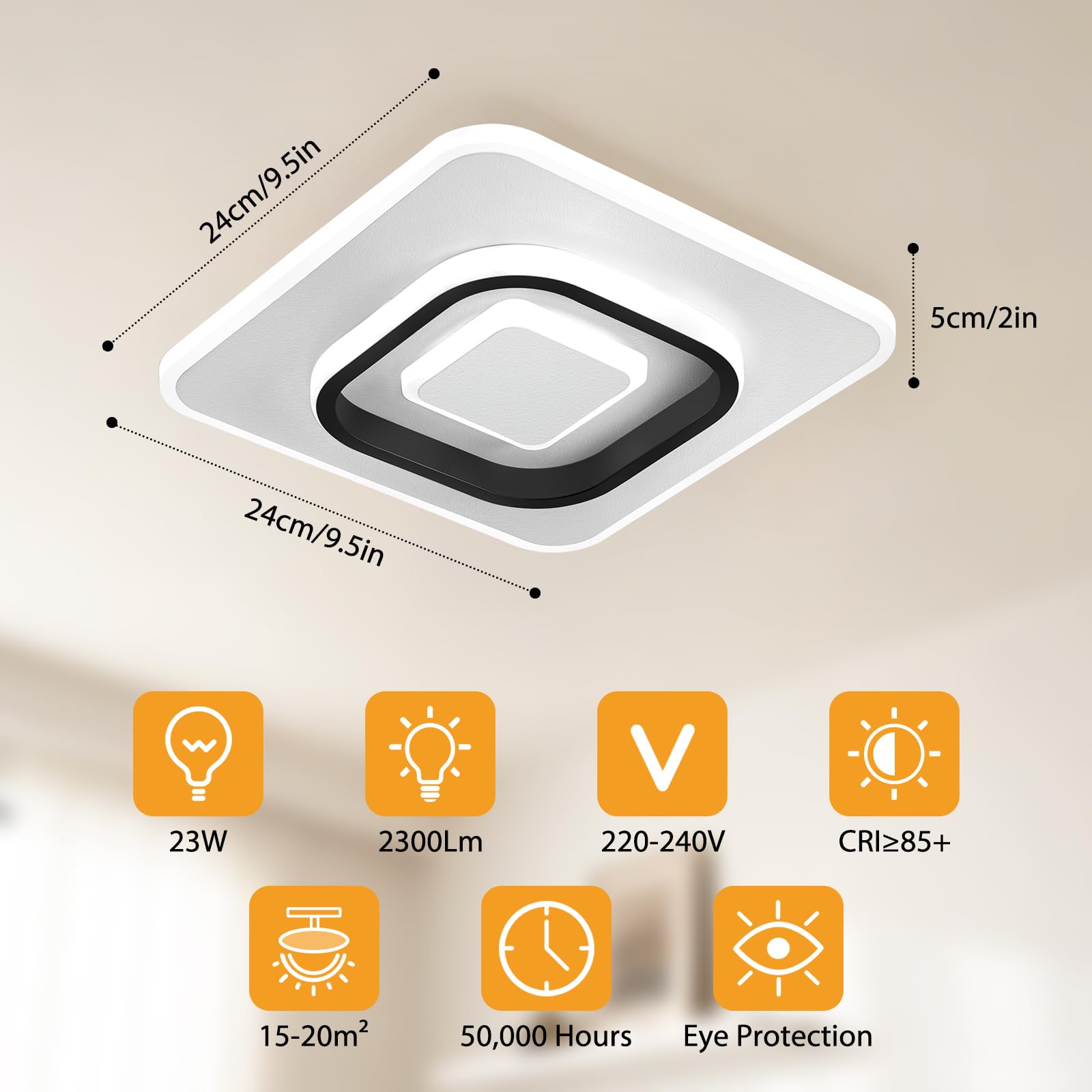 Plafonnier LED Moderne 23W, 3000K/4500K/6500K Lampe Plafond 2300lm CRI≥80, Luminaire Plafonnier pour Salon, Chambre, Bureau, Cuisine et Couloir avec Fonction Mémoire Blanc