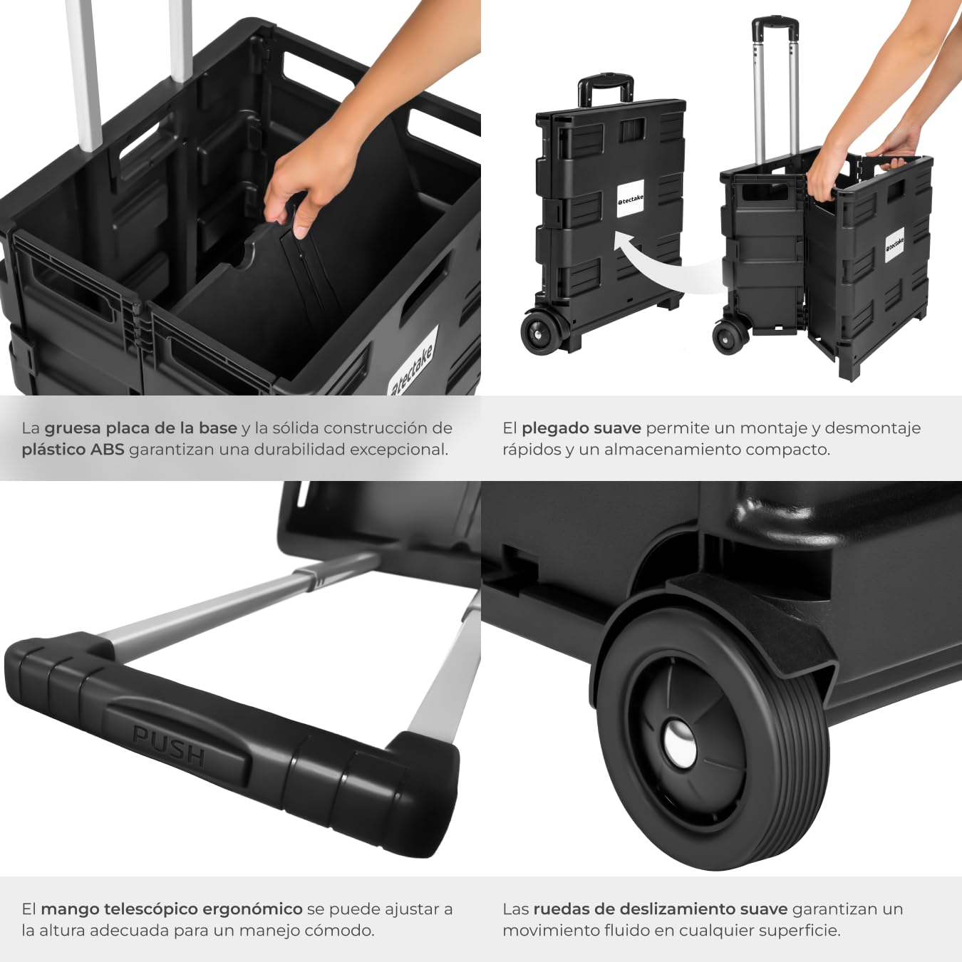 Tectake® Carrito Compra Plegable con Ruedas Grandes y Asa Telescópica, Carro Compra Plegable Compacto Tipo Caja Plastico, Ideal como Carro Supermercado - 45 x 37,5 x 97 cm