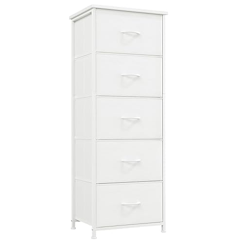 Somdot Tall Dresser for Bedroom with 5 Drawers, Storage Organizer Chest of Drawers with Removable Fabric Bins for Closet Bedside Living Room Laundry Entryway Hallway, White Leather - White Leather - 11.8"D x 16.5"W x 45.1"H (5 Drawers)
