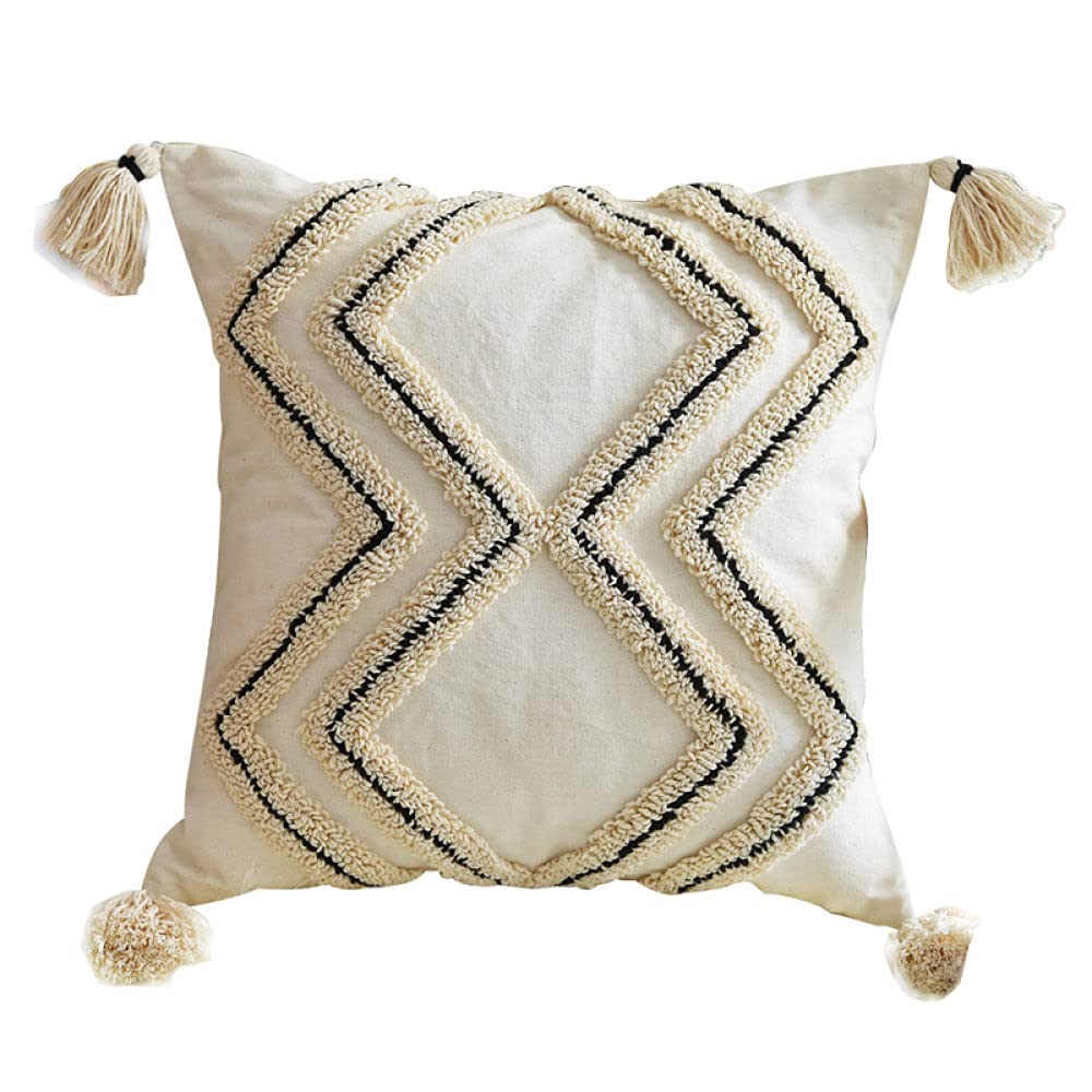 Boho Kissenbezug, Vintage Weiß Gestreifte Raute Geometrie Jacquard Quaste Baumwolle Dekorative Kissenbezüge Schlingenflor Marokkanisch Nordic 45X45Cm Dekokissen Bezüge Für Sofa Schlafzimmer Wohn