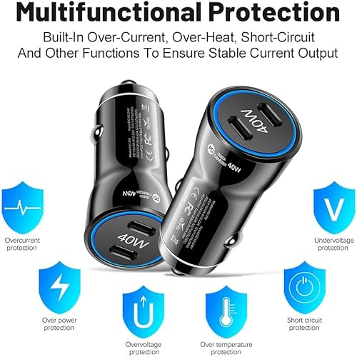 Miniatura 7 de Cargador de coche USB C, 2 puertos 40 W Dual USB-C adaptador de corriente para coche PD/QC de carga rápida para iPhone 16/15/14/13/12/11/Pro Max,