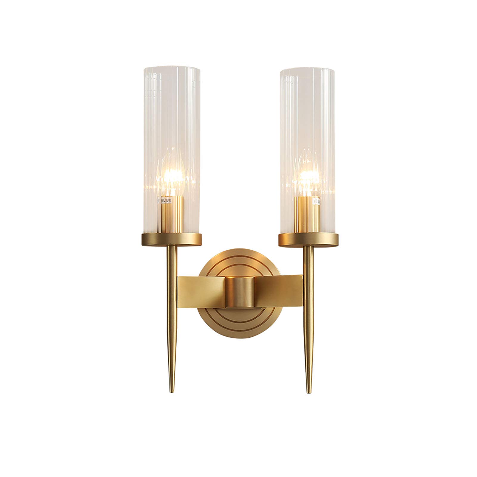 ZZZYZ Modern Gold 2 Light Wall Sconce with Clear Cylindrical Glass Shade Wall Lamp Vintage Brushed Brass Wall Light Fxture for Bathroom Hallway Kitchen-Golden 23x40cm(9x16inch)