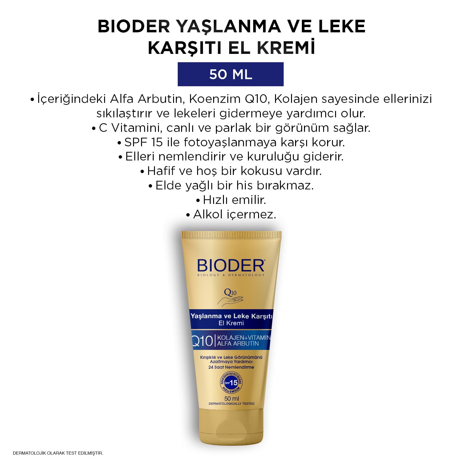 Bioder Yaşlanma Karşıtı El Bakım Kremi 50 ml – SPF 15 Koruma, Alfa Arbutin, Koenzim Q10, Kolajen ve C Vitamini İçerikli Nemlendirici (2 paketi)
