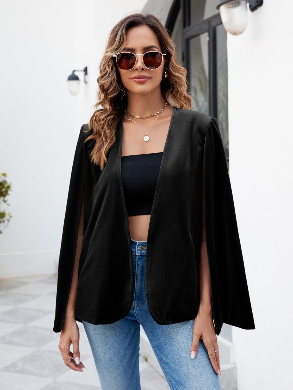 Cicy Bell Women's Velvet Cape Blazer Jackets Casual Split Long Sleeve Open Front Coat - Image 5