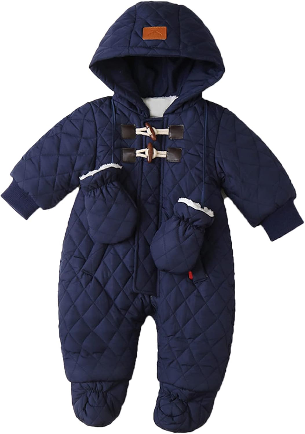 TDEOK Pelele de bebé Ropa de abrigo de nieve para niña, abrigo de soverall infantil con capucha, abrigo cálido para niña con guantes reloj para niños (Marina, 12-18 Months)
