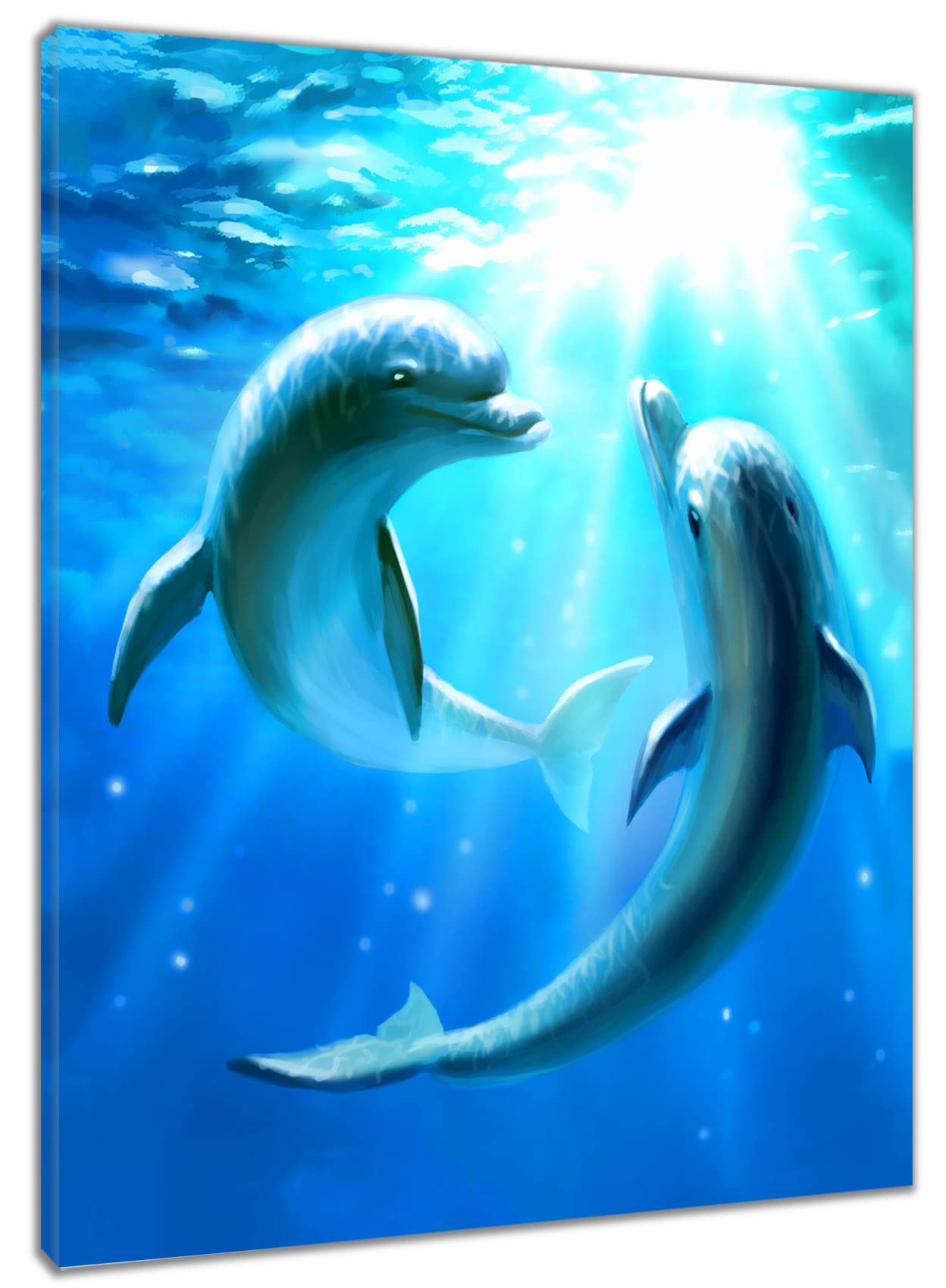 HVEST Dolphin Canvas Wall Art Cute Dolphins Playing under Sea with Sunshine Picture Printing Artwork for Living Room Bedroom Bathroom Wall Decor,Stretched and Framed Ready to Hang,16x20 Inches