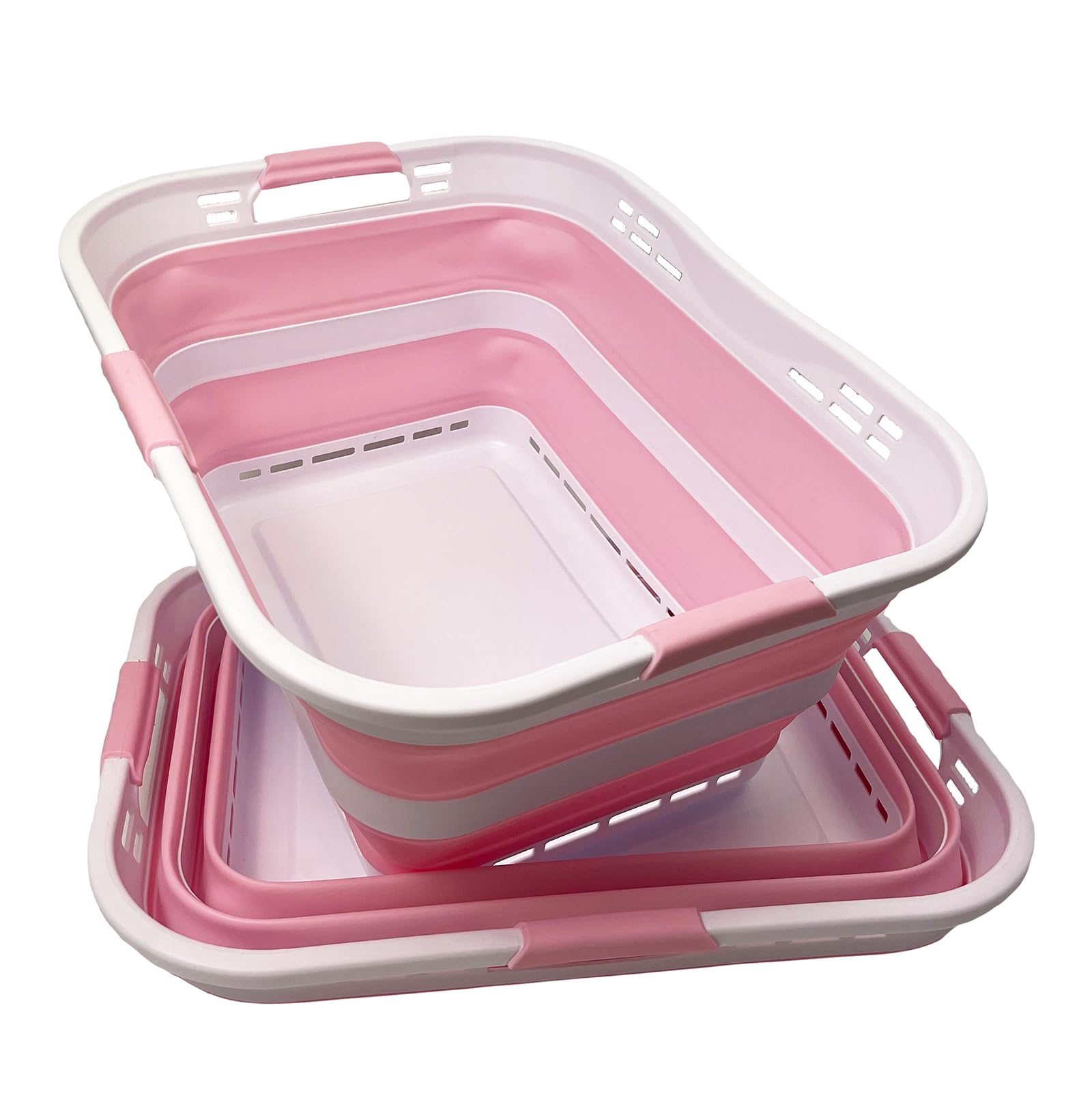 SAMMART Set of 2 Collapsible Plastic Storage Basket - Foldable Pop Up Storage Container - Portable Laundry Organizer - Space Saving Hamper (White/Cherry Pink, 42L (Style A))