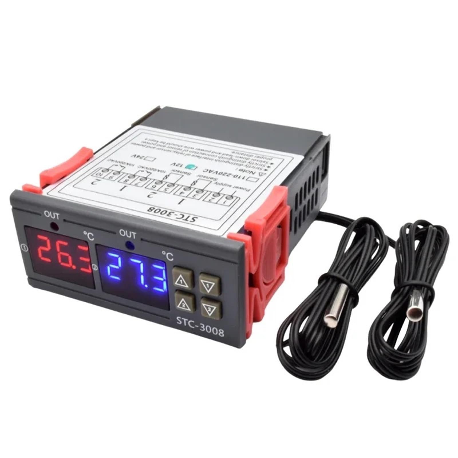 Termostato controlador de temperatura digital STC-3008 de doble LED, CA 220 V, 12 V CC, control de calefacción y refrigeración, con dos salidas de relé.(STC-3008 DC12V)