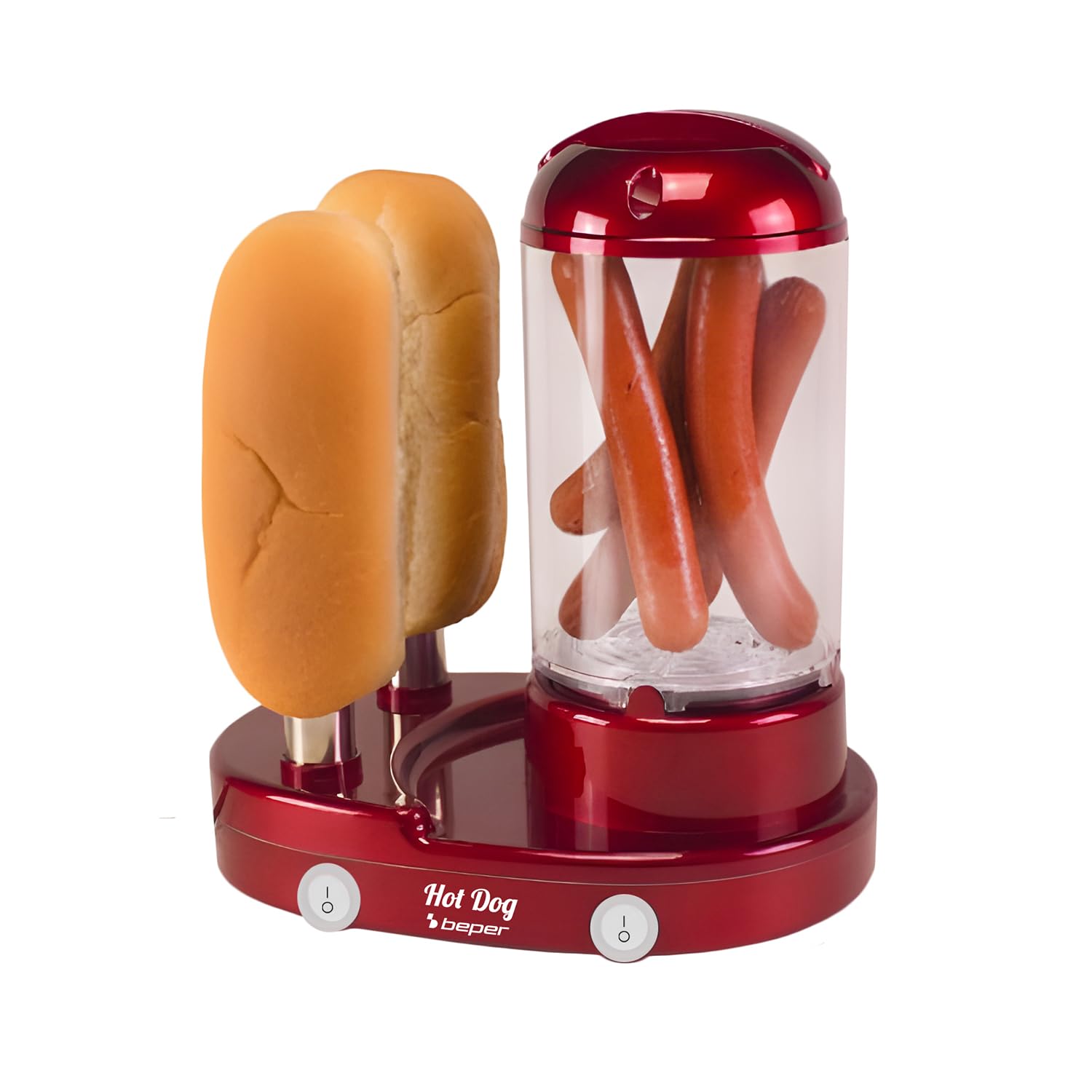 BEPER P101CUD502 Appareil à hot-dogs et cuiseur à œufs 3 en 1, cuiseur vapeur pour saucisses et œufs, chauffe-pains avec 2 résistances en acier inoxydable, 440 W, double interrupteur