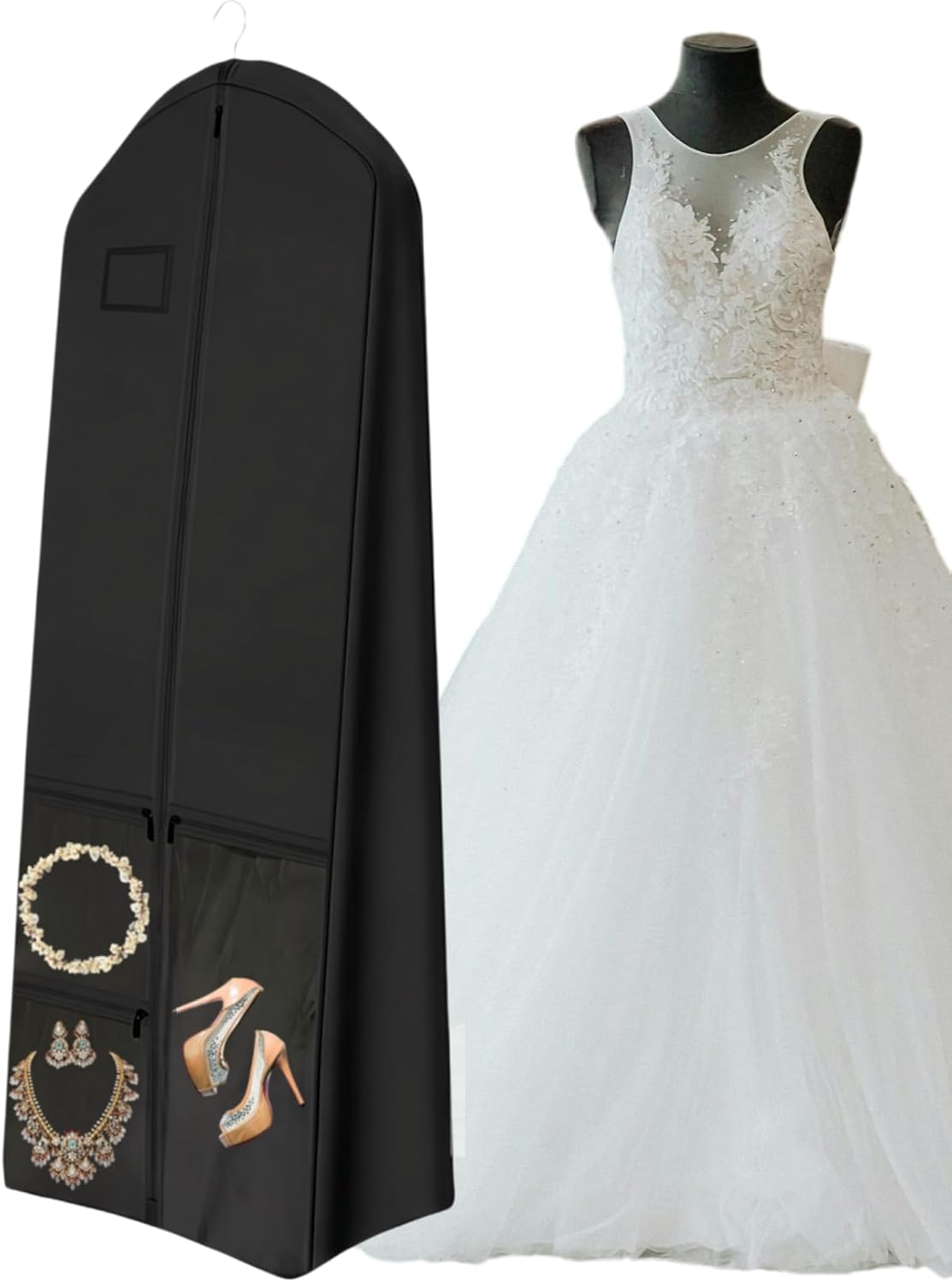 72" Long Wedding Dress Garment Bag with 10" Gusset, Bridal Gown Storage Cover with 4 Pockets, Dress Bag for Women Gowns,Prom,Ballgowns, (Black and Clear)