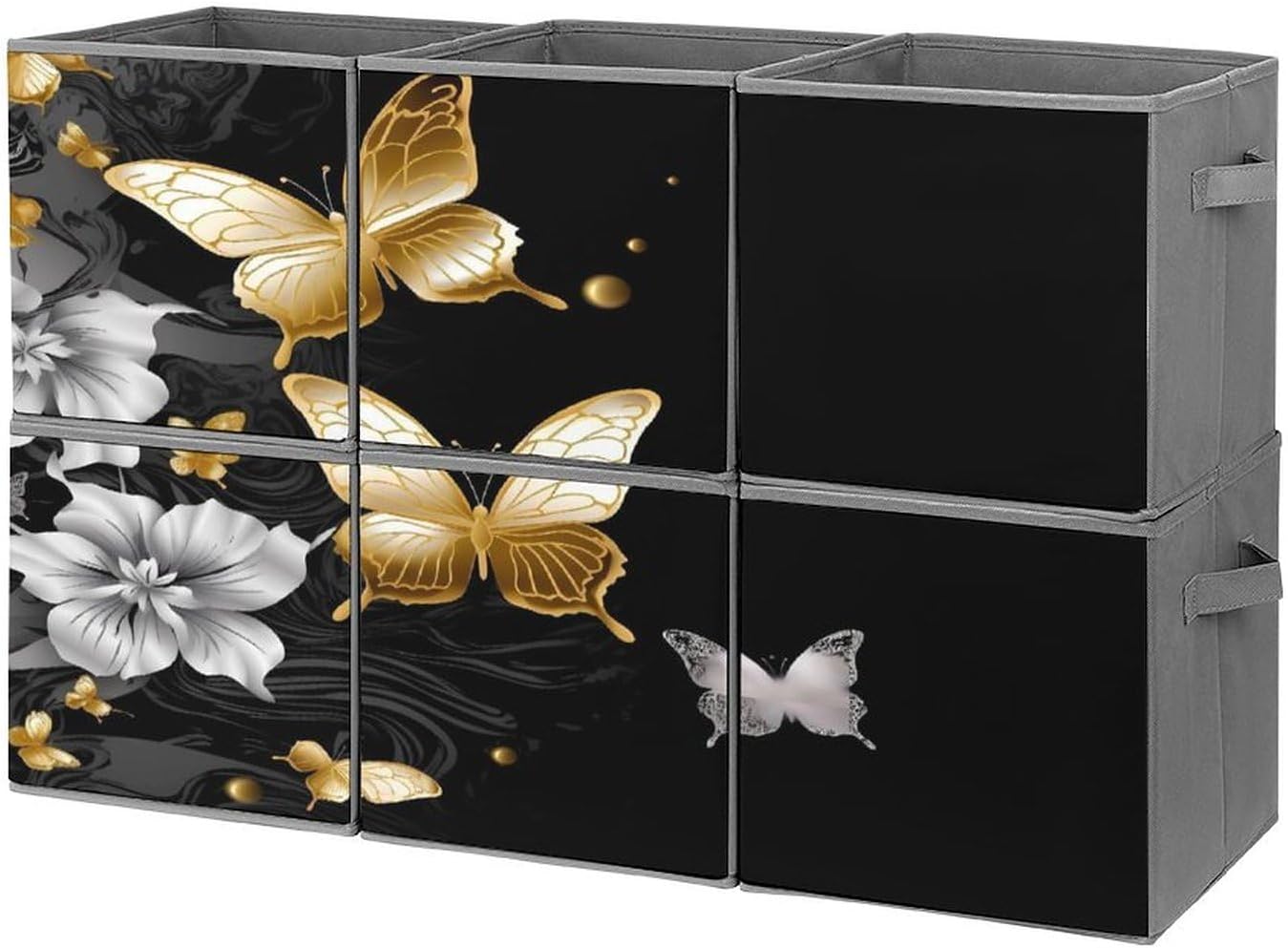 Multi Use Organizer Bins, Gold White Butterflies Black Printed Storage Bins, Foldable Storage Baskets Are Suitable For Bedrooms, Offices, And Cars