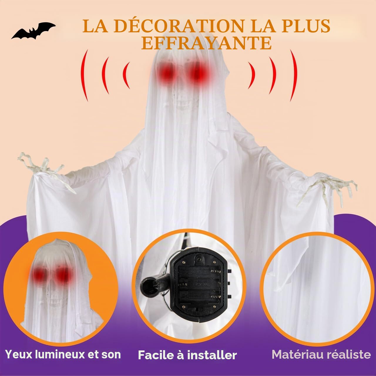 OYIN Décoration de fantôme animée pour Halloween - 172,7 cm - Squelette Debout - avec Yeux Lumineux et Son Effrayant (Activation sonore) - pour Halloween,