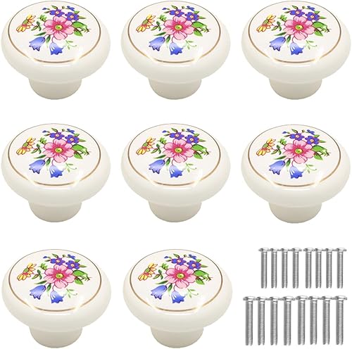 Tverghvad Pomos de cerámica antiguos para cajones, 8 unidades Perillas y tiradores de gabinete de flores vintage, pomos para muebles de cocina para
