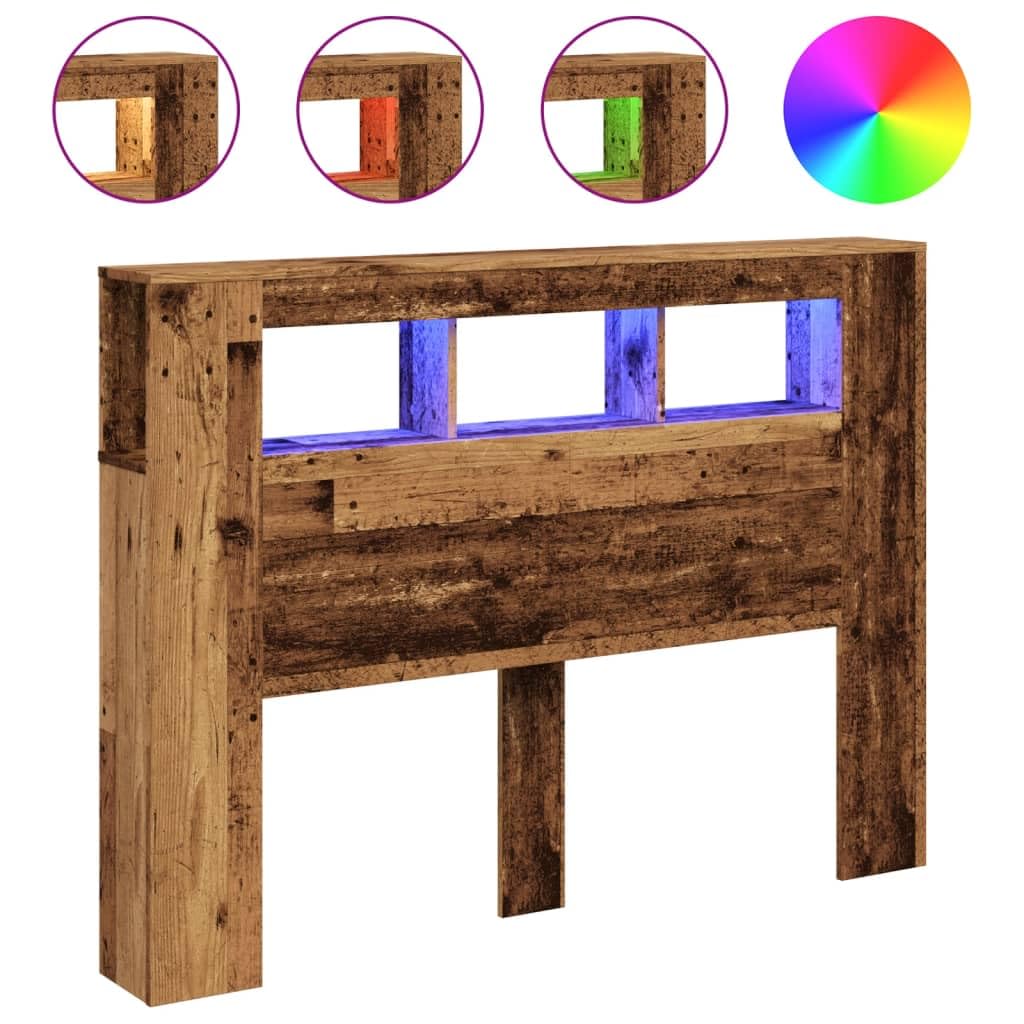 Gecheer Testiera LED per Letto, con Luci RGB Regolabili, 140 x 18,5 x 103,5 cm, in Truciolato con Finitura Legno Antico, Supporto Schiena e Piano Portaoggetti, for Camera da Letto