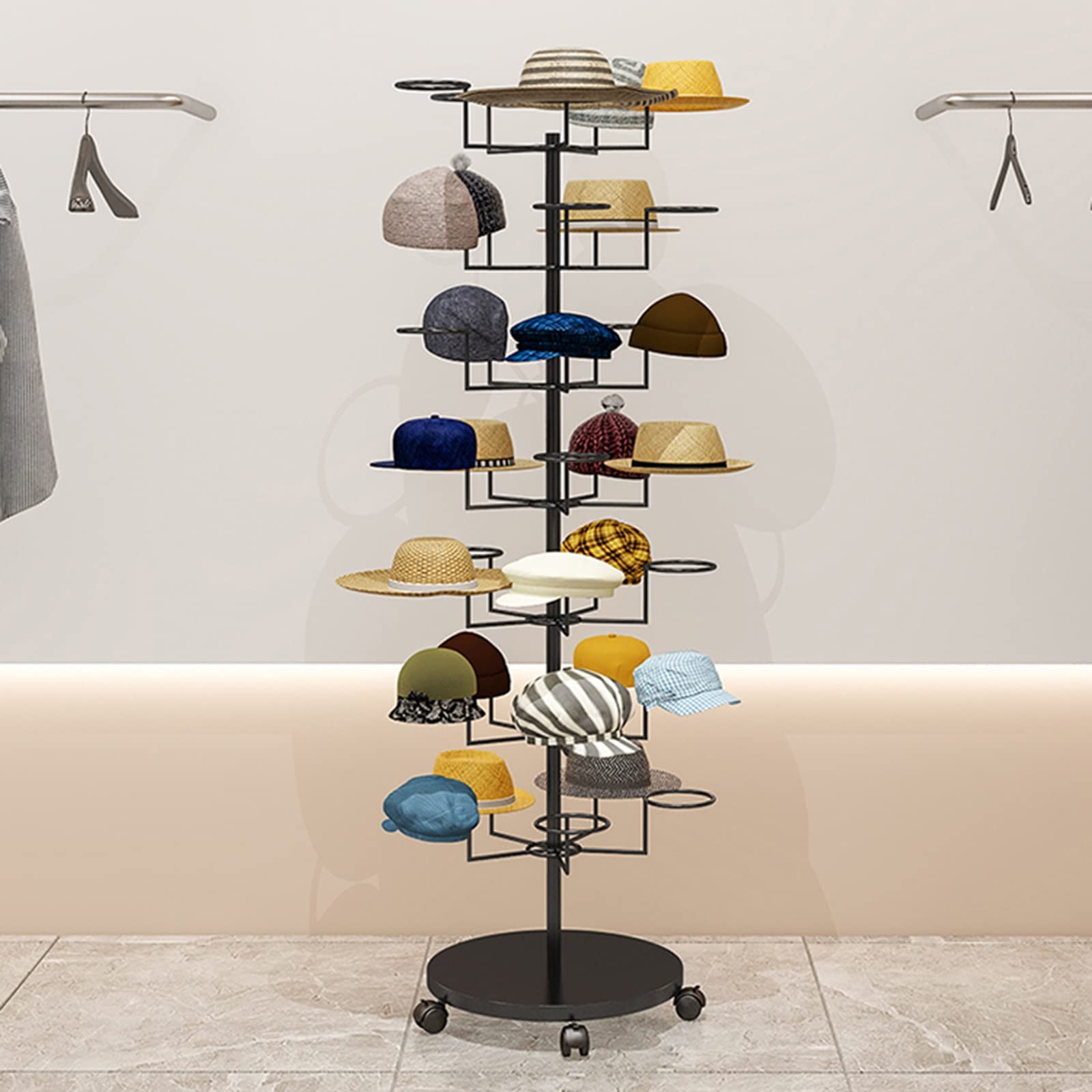 Expositor de Sombreros Moderno e Independiente - Estante Vertical rodante para Gorras de béisbol y de Vaquero, solución de Almacenamiento Interior/Exterior Que Ahorra Espacio,