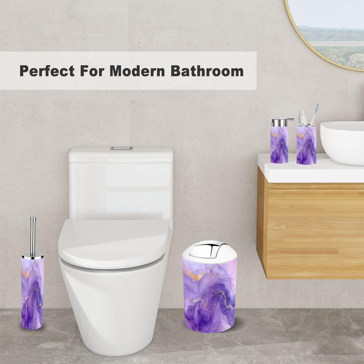 Bathroom Accessory Set 6 Piece Navy Blue Liquid Marble Watercolor Gold Lines Royal Dark Cyan Marbled Toothbrush Holder, Toothbrush Cup, Soap Dispenser, Soap Dish, Toilet Brush Holder, Trash can