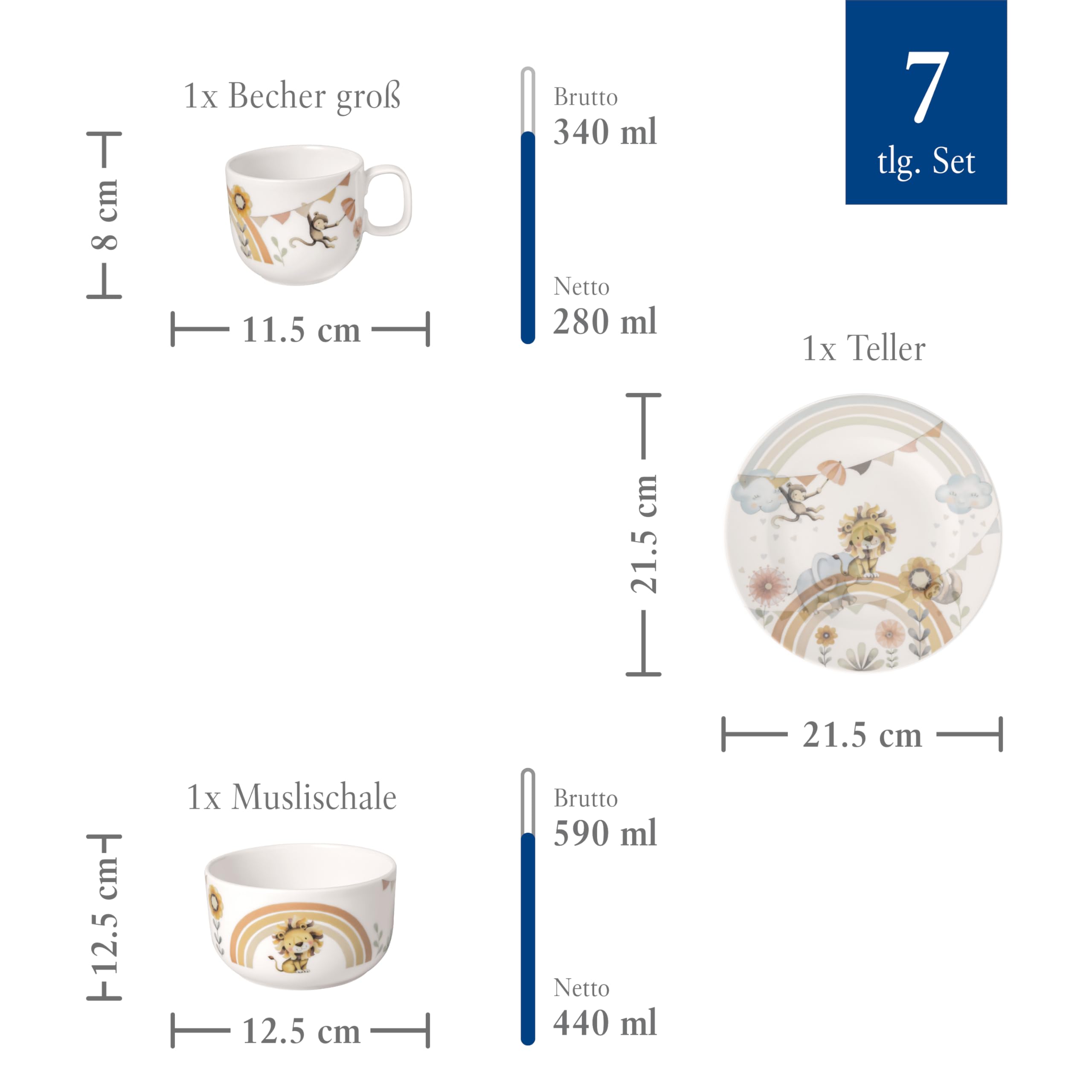 Villeroy & Boch - Boho kids "Roar like a lion" Komplet naczyń dla dzieci 7 szt., z porcelany i sztućce ze stali nierdzewnej, Nadaje się do kuchenki mikrofalowej i zmywarki, Wielokolorowy