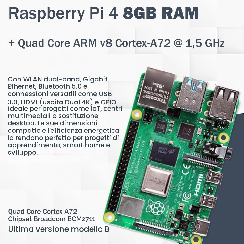 Raspberry Pi 4 8GB Starter Set | Scheda SD Ultra 64GB | Alimentatore USB-C 15W | Alloggiamento | Cavo Micro HDMI 4K | Set Dissipatore di Calore | Raspberry Pi 4 Model B 8GB RAM