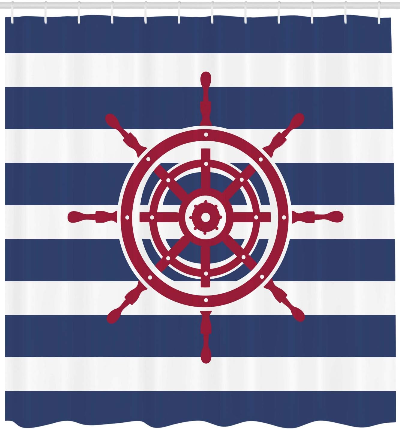 Ambesonne Ships Wheel Shower Curtain, Illustration of Ship Steering Wheel on a Stripped Background Artwok, Cloth Fabric Bathroom Decor Set with Hooks, 69" W x 75" L, Navy Blue Red