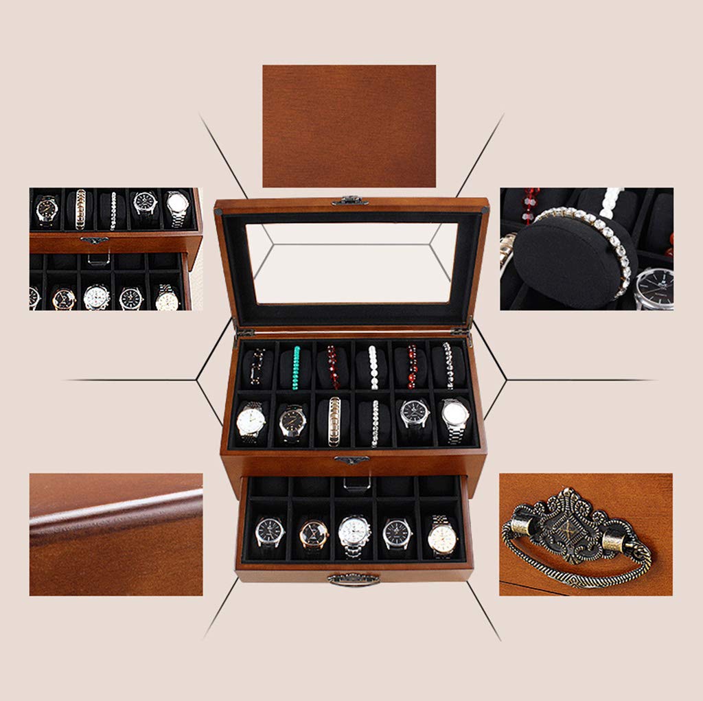 XBTGS 2-stöckige Holz-Uhrenbox für Herren, Schmuck-Display, Schublade, abschließbar, Uhrengehäuse, Organizer, transparentes Fenster für 22 Uhren und herausnehmbare Aufbewahrungskissen
