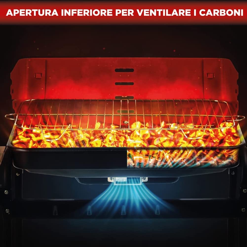 BAKAJI Barbecue Trolley a Carbonella in Metallo e Legno, BBQ Braciere Portatile con 3 Ripiani d'Appoggio e 2 Ruote, Grill da Giardino Ideale per Campeggio, Balcone, Esterni, Graticola in Acciaio