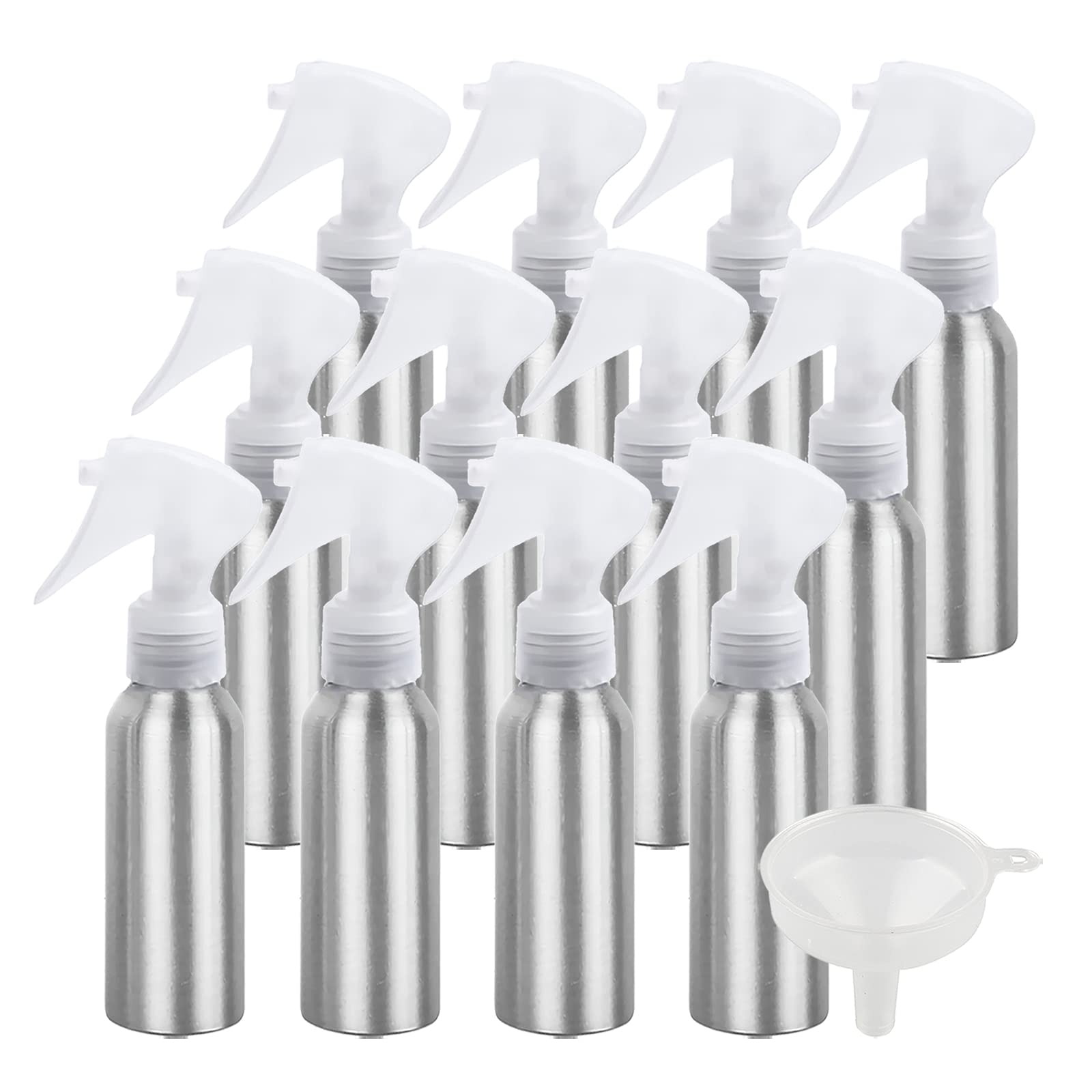 ZEOABSY Pack of 12 Empty 120ml Refillable Spray Bottles, 120 ml Aluminum Misting Bottles Transparent Trigger Sprayer for Cleaning, Gardening, Travel, Cosmetic, Barber Shop Essential + 1 x Funnel