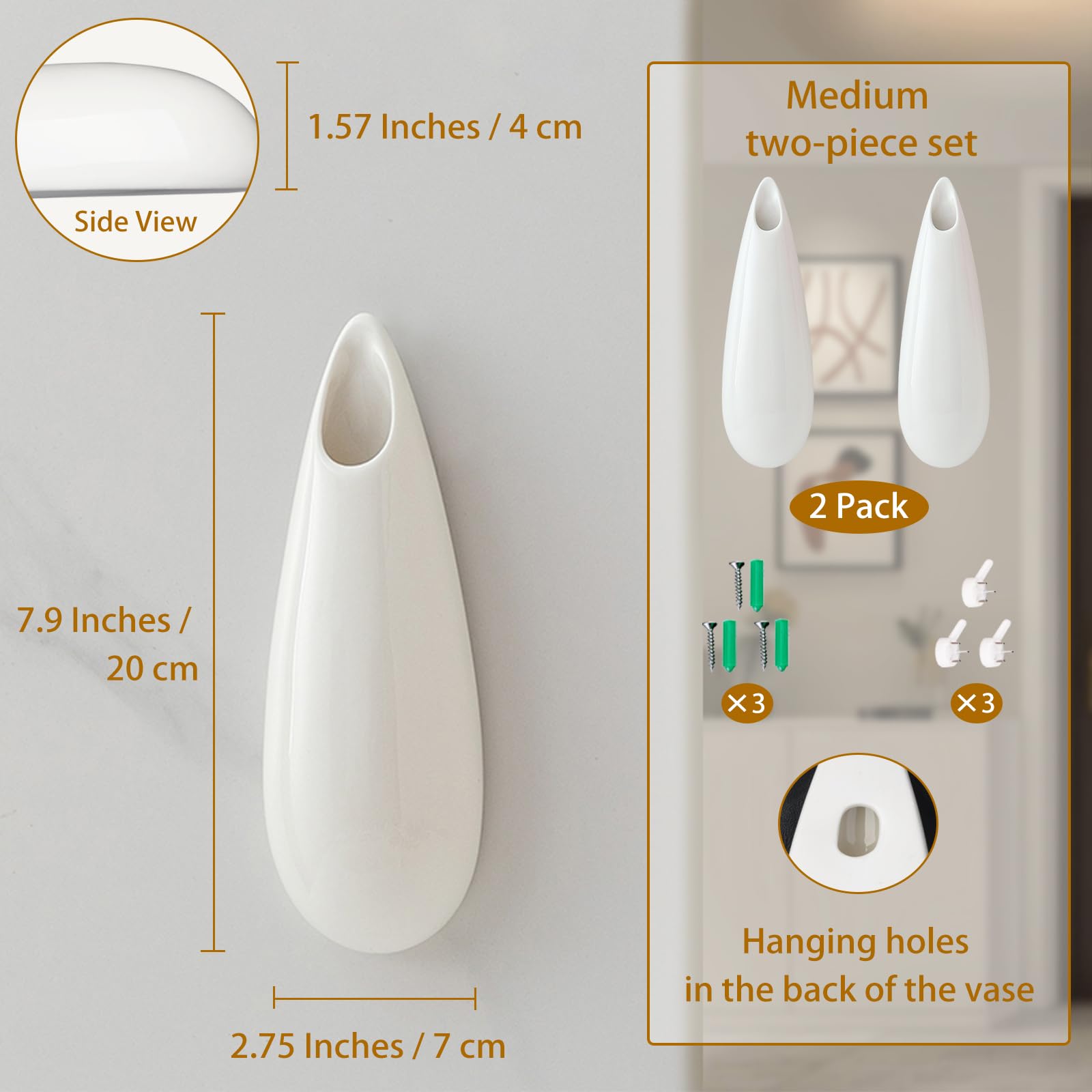 Jarrones colgantes de pared de cerámica, 7.9 pulgadas, juego de 2, cubículo, decoración moderna, jarrón para plantas de interior, macetas colgantes de propagación para jarrones de aire, color 2