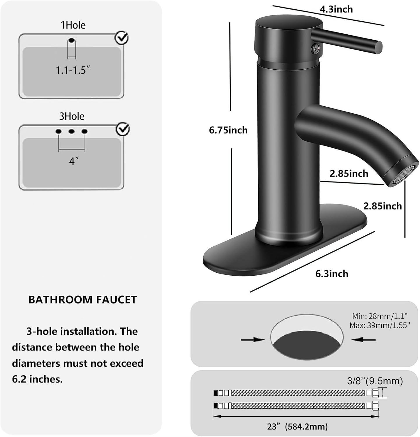 Matte Black Bathroom Faucets Single Hole Bathroom Sink Faucet Modern Single Handle Bathroom Faucte 1 or 3 Hole, RV Sink Vanity Faucet (Without Drain, Black) YEUALUQAN
