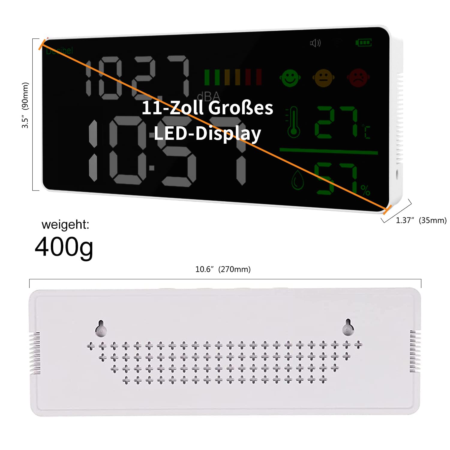 5-in-1 Dezibel Messgerät Wandmontage DB Messgerät Schallpegelmessgerät 43-130dB 11" Große LED-Anzeige Lärm-, Zeit-, Temperatur- & Luftfeuchtigkeit messgerät für Zuhause (Db Messgerät-2000mah)