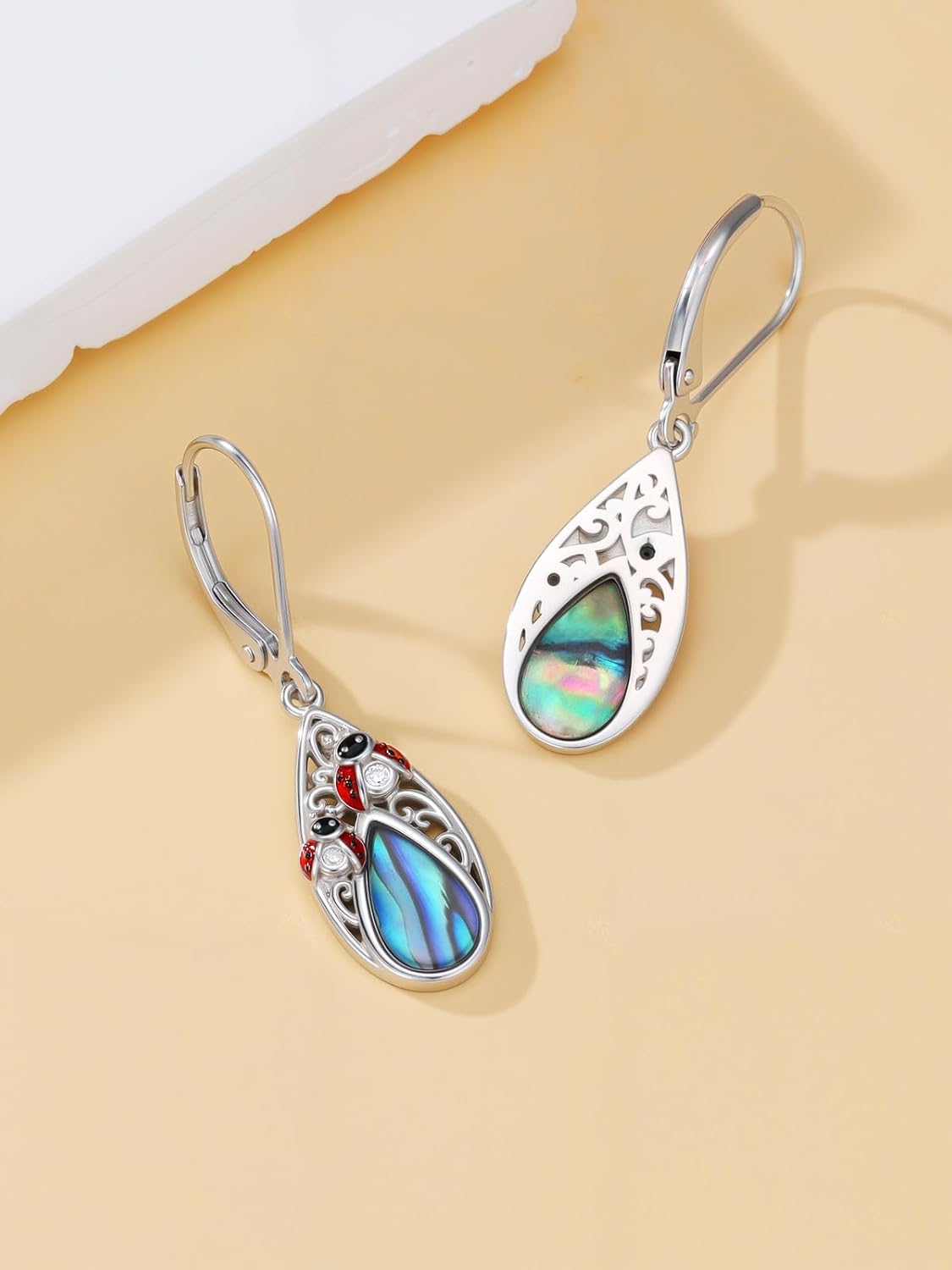 WINNICACA Filigree Abalone Shell Teardrop Earrings for Women 925 Sterling Silver Leverback Dangle Drop Earrings for Her Anniversary Birthday Valentines Day Gifts - Image 4